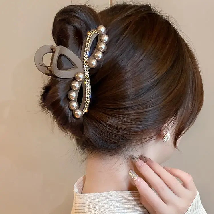 New 2024 Korean Champagne Color High-end Imitation Pearl Rhinestone Large Fashionable Girl's Back Hair Clip