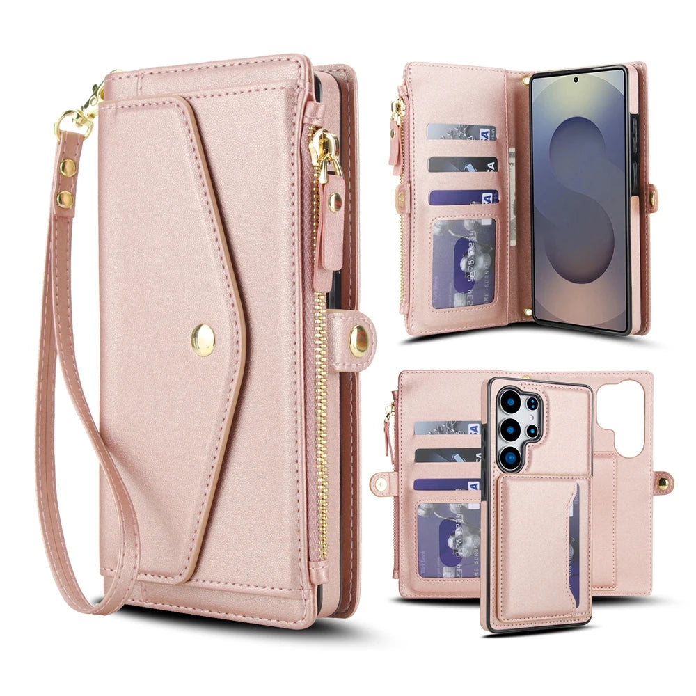 2 in 1 Lanyard Zipper Leather Wallet Case for Samsung Galaxy S25 Ultra Edge S24 Plus S23 + FE S22 S21 S20 Purse Phone Cover