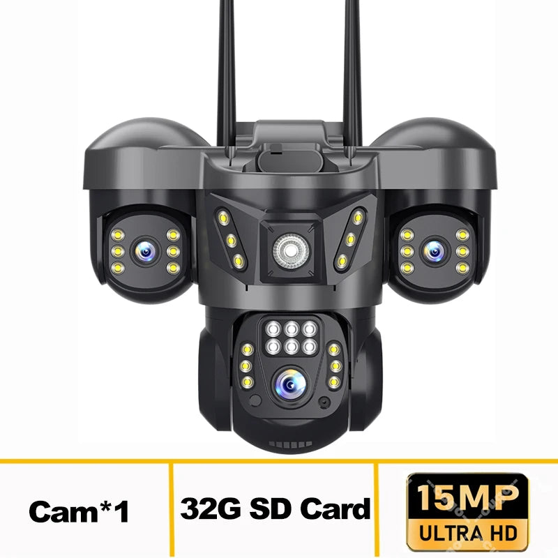 8K 15MP Three Screen WIFI Camera Three Lens Cameras Outdoor Waterproof Human Detection Color Night Vision 10X Zoom Security Cam