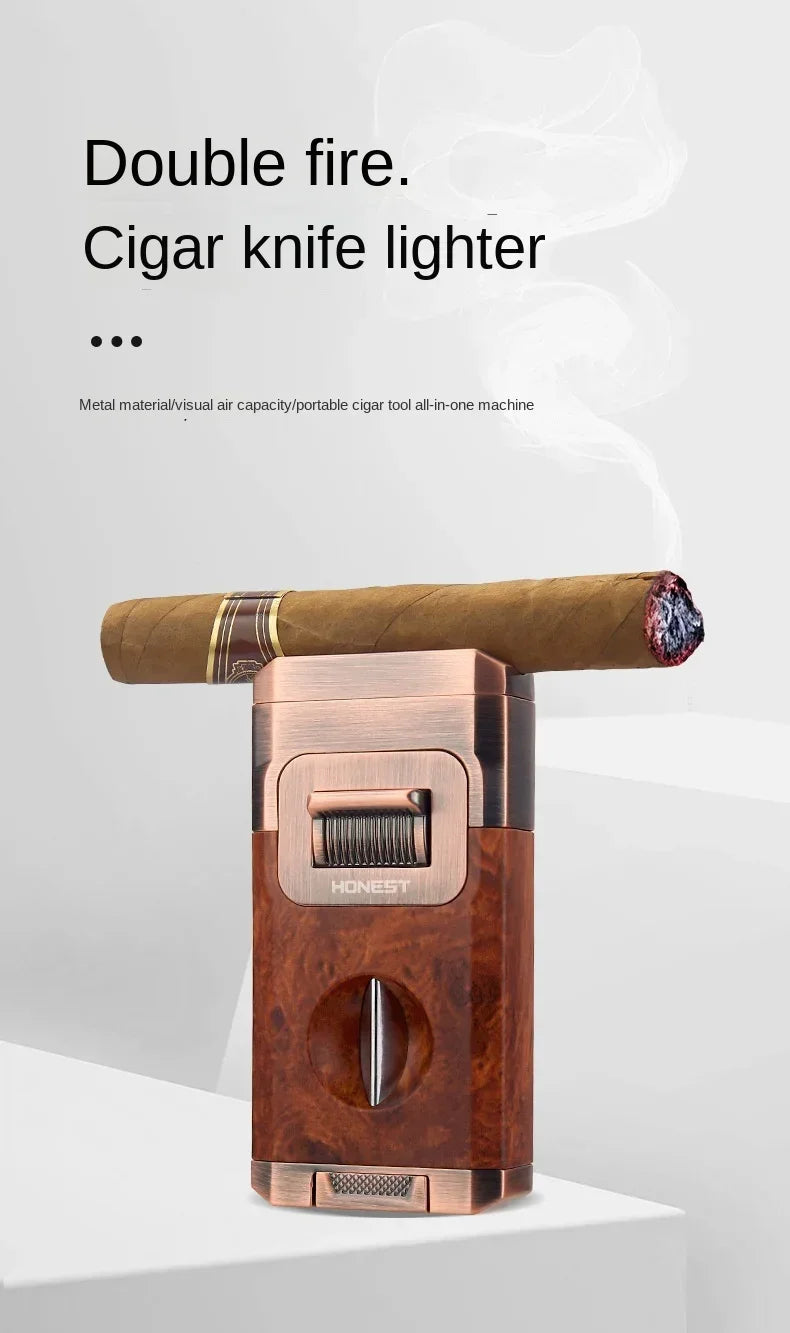 New Metal Cigar Lighter with V-shaped Knife Vintage Windroof Dual Nozzle Flame Butane Gas Inflation Torch Smoking Accessories
