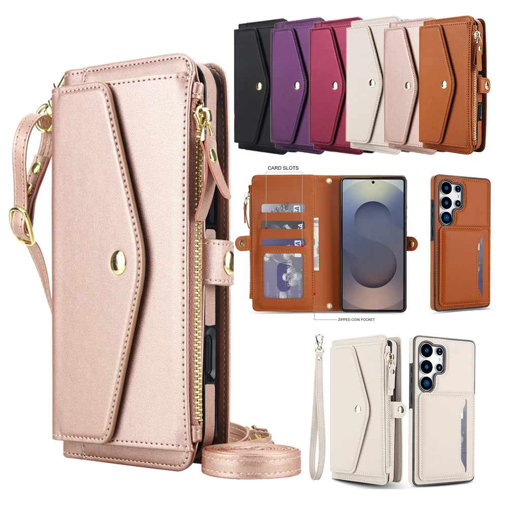 2 in 1 Lanyard Zipper Leather Wallet Case for Samsung Galaxy S25 Ultra Edge S24 Plus S23 + FE S22 S21 S20 Purse Phone Cover