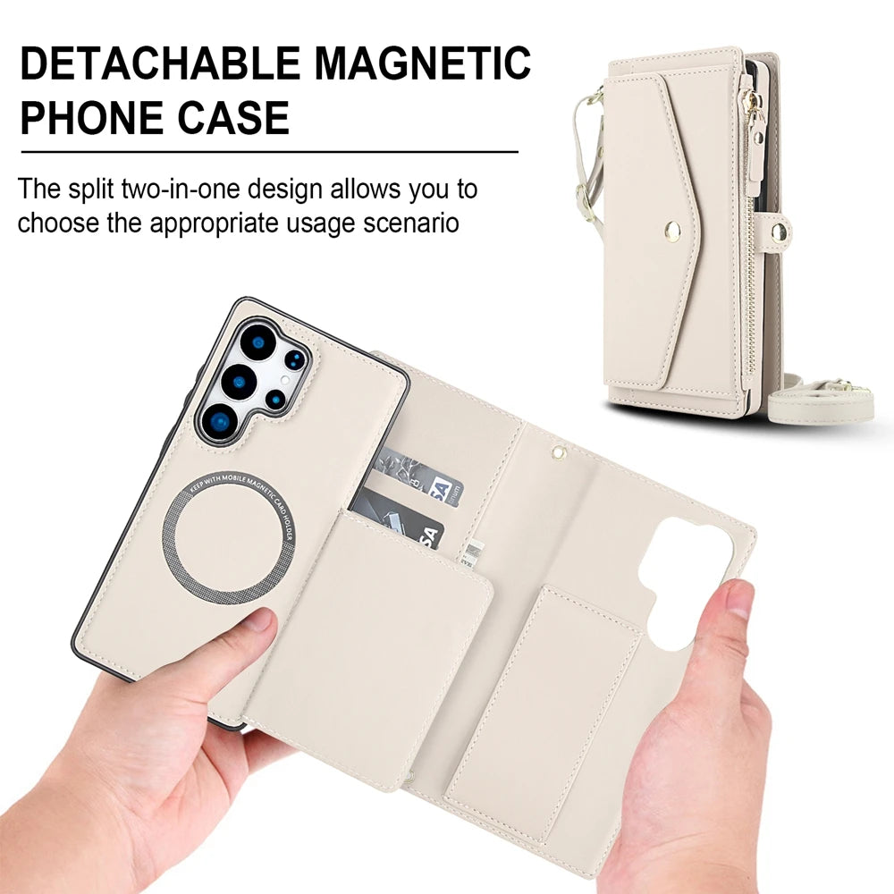 2 in 1 Lanyard Zipper Leather Wallet Case for Samsung Galaxy S25 Ultra Edge S24 Plus S23 + FE S22 S21 S20 Purse Phone Cover