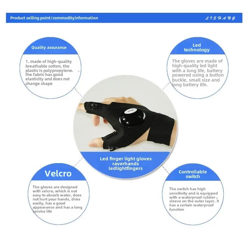 Half-finger Fishing Gloves Led FlashlightWaterproof Flashlight Outdoor Hiking CampingFishing Rescue Survival Lighting Too