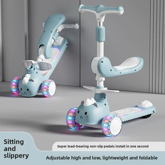2-In-1 Children's Scooter Baby Kickboard 3 Height Adjustable 3-Wheel Music Light Foldable Micro Kcik Scooter Boy Girl Ages 2-10