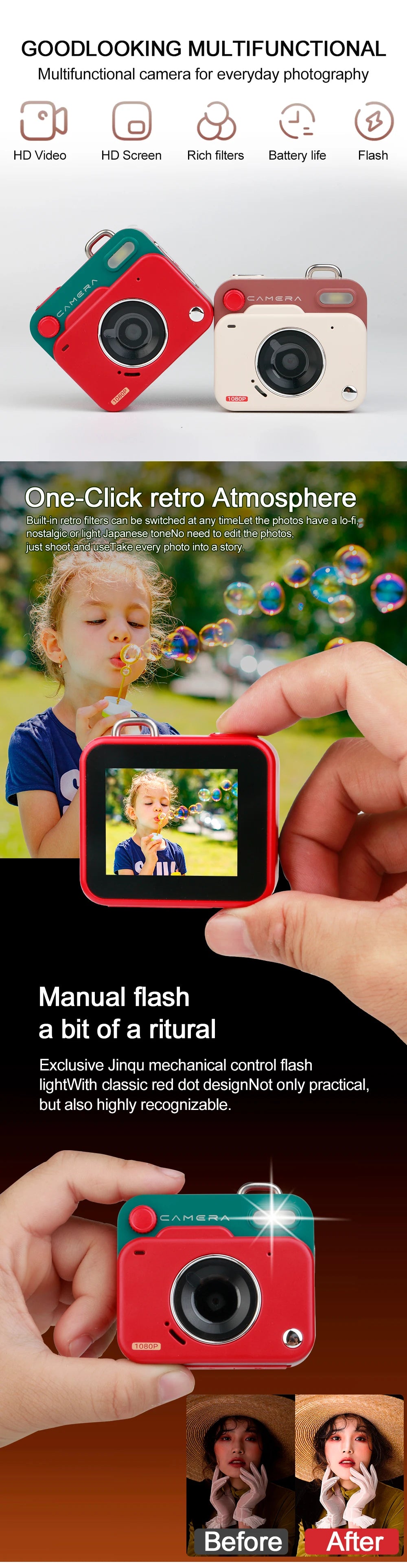 Retro Mini Camera 1080p HD Portable Indoor/Outdoor Small Camera with Screen TF Card Support Video Holiday Gift Y6000 Digital Cam
