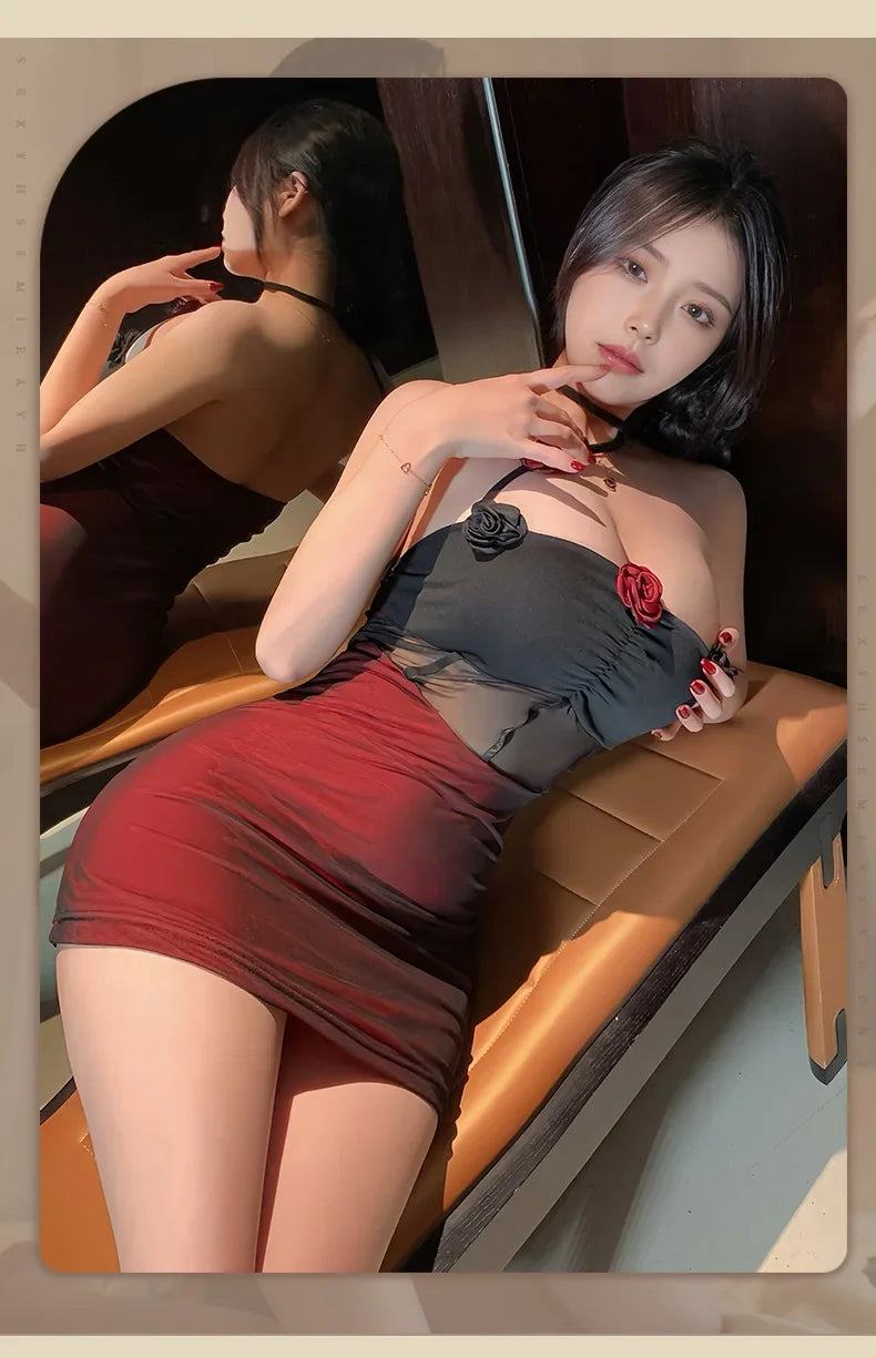 Sexy Lingerie Dark Style Spicy Girl See through Mesh 3D Flower Hanging Neck Sexy Backless Slimming Bodycon Skirt Nightgown