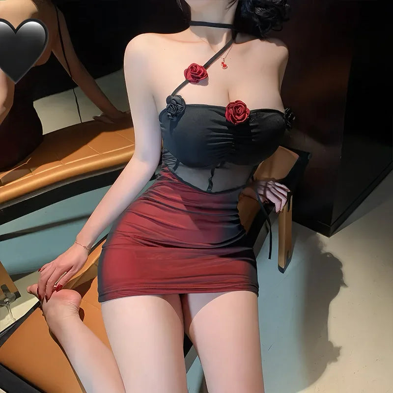 Sexy Lingerie Dark Style Spicy Girl See through Mesh 3D Flower Hanging Neck Sexy Backless Slimming Bodycon Skirt Nightgown