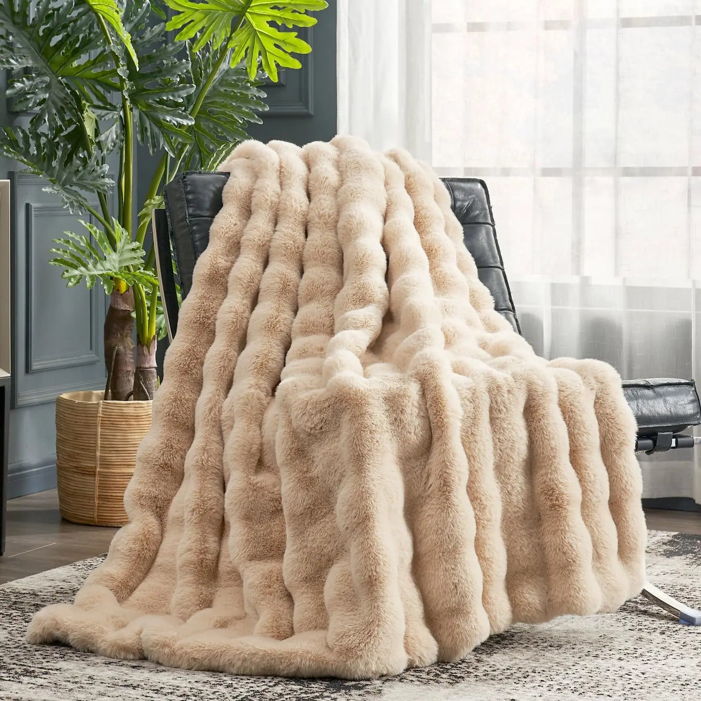 Thickened Warm Bubble Quilted Double Layer Soft Luxury Faux Rabbit Fur Blanket Living Room Bedroom Sofa Cover Blanket