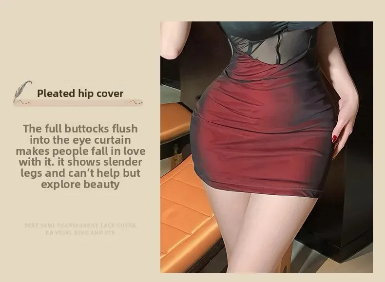 Sexy Lingerie Dark Style Spicy Girl See through Mesh 3D Flower Hanging Neck Sexy Backless Slimming Bodycon Skirt Nightgown