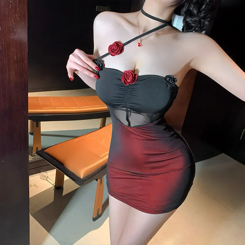 Sexy Lingerie Dark Style Spicy Girl See through Mesh 3D Flower Hanging Neck Sexy Backless Slimming Bodycon Skirt Nightgown