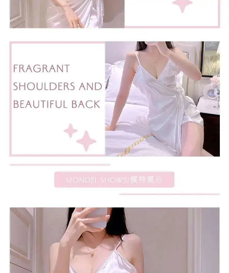 White Bow Mini Tank Dress Sweet Fashion Korean Women V Neck 2023 New Lingerie Uniform Ice Silk Robe Dress Elegant LOQ4
