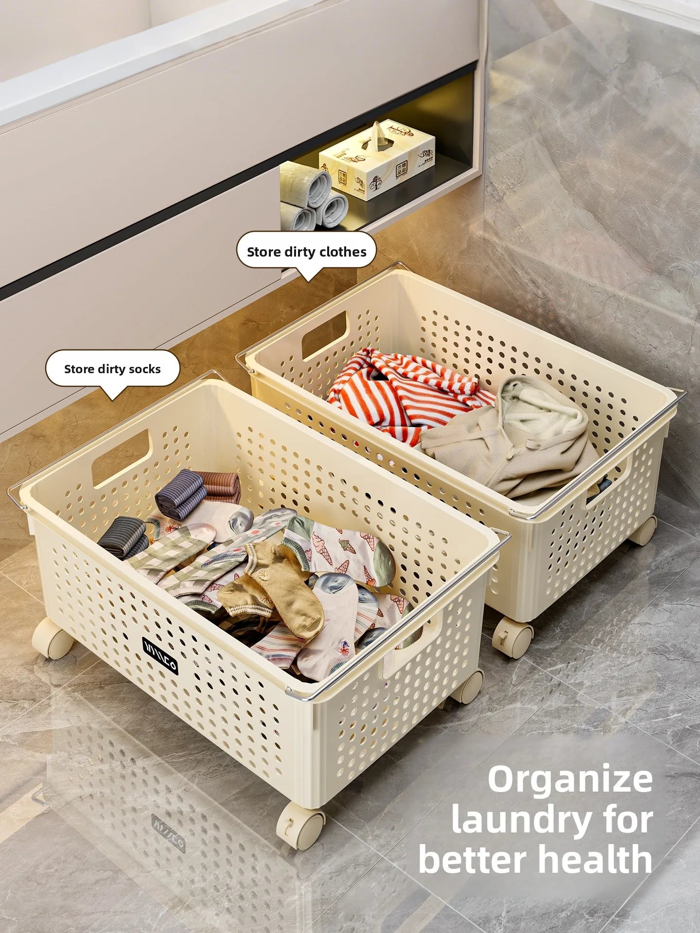 Batoom Laundry Hamper with Wheels Dir Clothes Basket Cart Home Utili under Cabinet Basket Rolling Laundry Basket