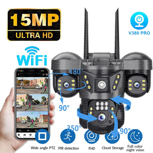 8K 15MP Three Screen WIFI Camera Three Lens Cameras Outdoor Waterproof Human Detection Color Night Vision 10X Zoom Security Cam