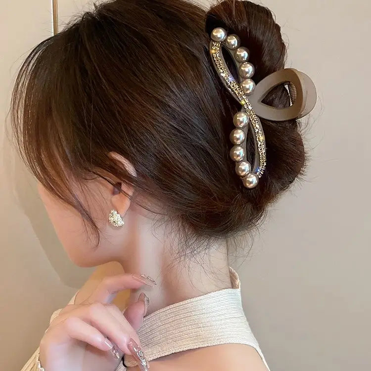 New 2024 Korean Champagne Color High-end Imitation Pearl Rhinestone Large Fashionable Girl's Back Hair Clip