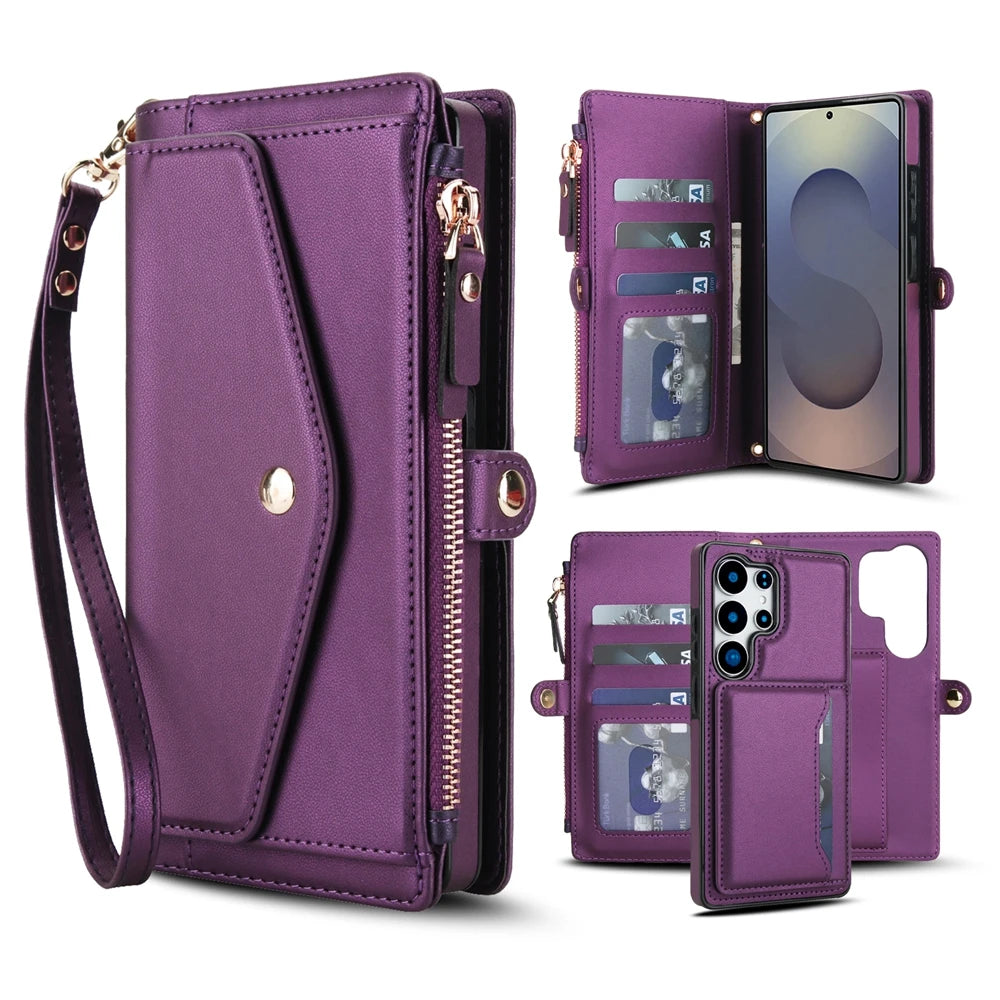 2 in 1 Lanyard Zipper Leather Wallet Case for Samsung Galaxy S25 Ultra Edge S24 Plus S23 + FE S22 S21 S20 Purse Phone Cover
