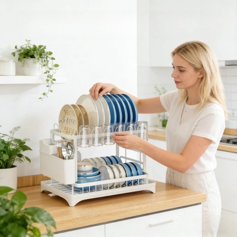 White Dish Rack Kitchen Storage Organizer for Bowls & Plates Snap-on Design No-Drill Installation Trendy Home Kitchen Accessory
