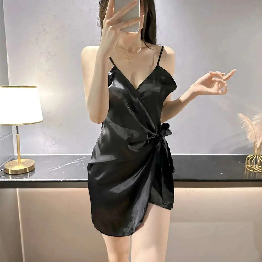 White Bow Mini Tank Dress Sweet Fashion Korean Women V Neck 2023 New Lingerie Uniform Ice Silk Robe Dress Elegant LOQ4
