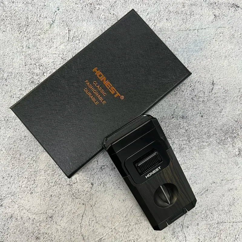 New Metal Cigar Lighter with V-shaped Knife Vintage Windroof Dual Nozzle Flame Butane Gas Inflation Torch Smoking Accessories