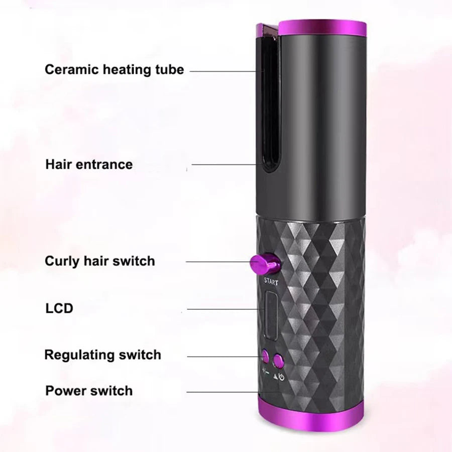 Portable Wireless Hair Curler for Waves & Curls LED Display 6 Heat Settings & Timers Travel & Home Use Cordless Automatic Curler