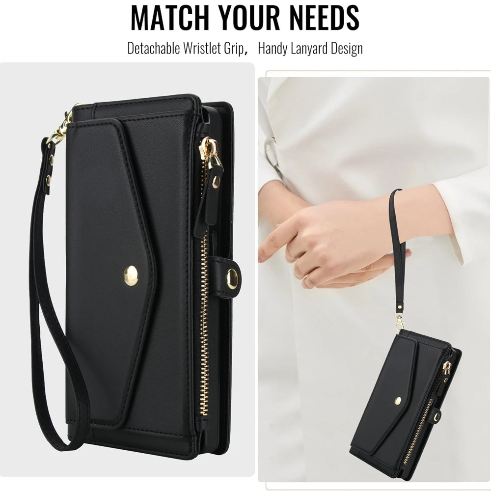 2 in 1 Lanyard Zipper Leather Wallet Case for Samsung Galaxy S25 Ultra Edge S24 Plus S23 + FE S22 S21 S20 Purse Phone Cover