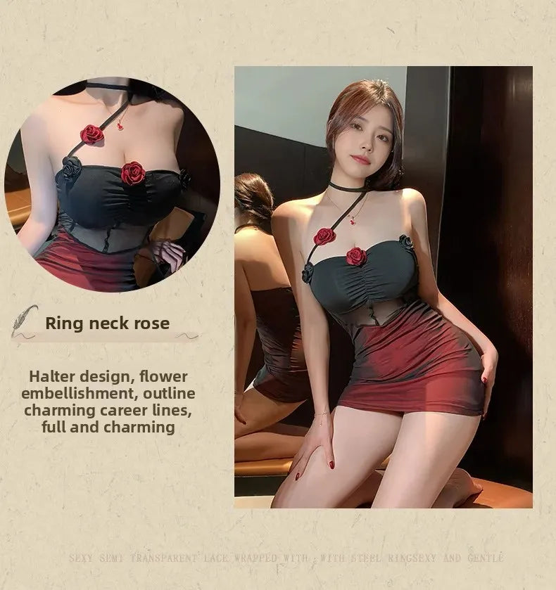 Sexy Lingerie Dark Style Spicy Girl See through Mesh 3D Flower Hanging Neck Sexy Backless Slimming Bodycon Skirt Nightgown