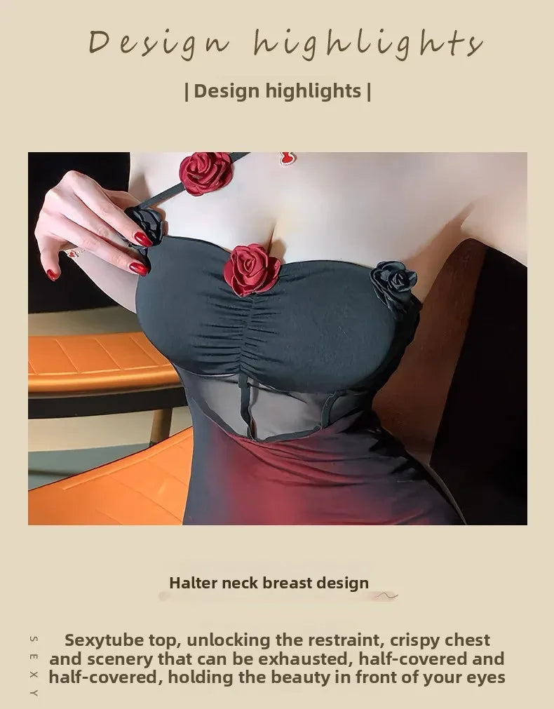 Sexy Lingerie Dark Style Spicy Girl See through Mesh 3D Flower Hanging Neck Sexy Backless Slimming Bodycon Skirt Nightgown