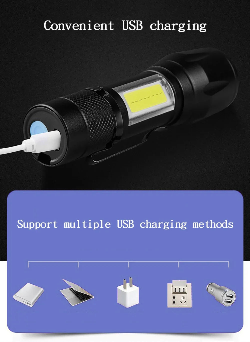 Mini LED Flashlight COB+XPE Portable Torch USB Charging Camping Lantern Zoomable Focus Light Tactical Flashlight with Pen Clip