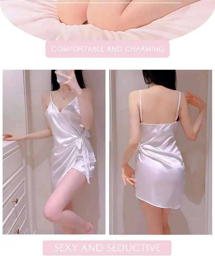 White Bow Mini Tank Dress Sweet Fashion Korean Women V Neck 2023 New Lingerie Uniform Ice Silk Robe Dress Elegant LOQ4