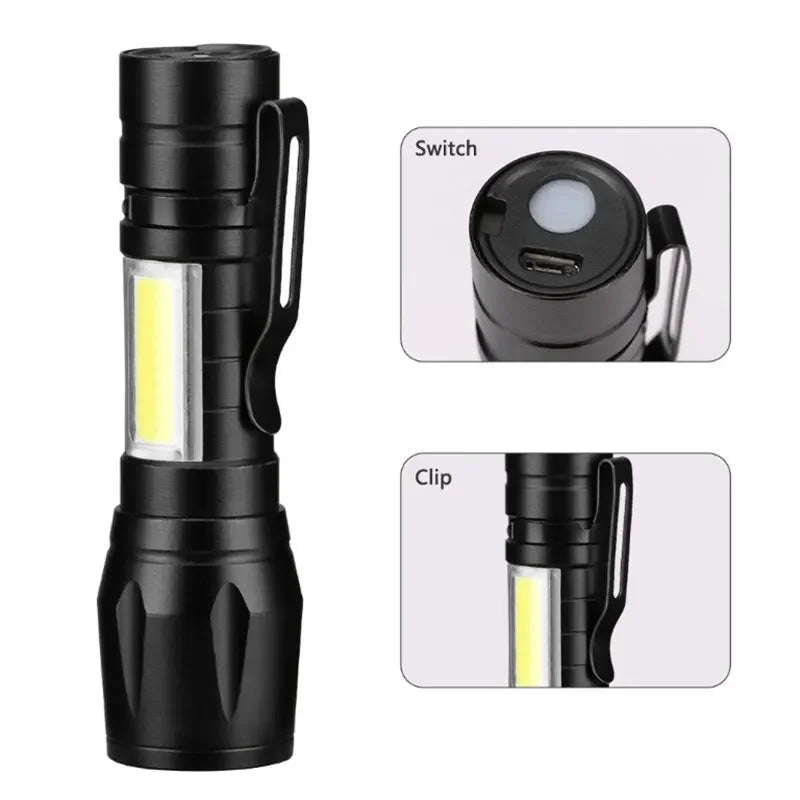 Mini LED Flashlight COB+XPE Portable Torch USB Charging Camping Lantern Zoomable Focus Light Tactical Flashlight with Pen Clip