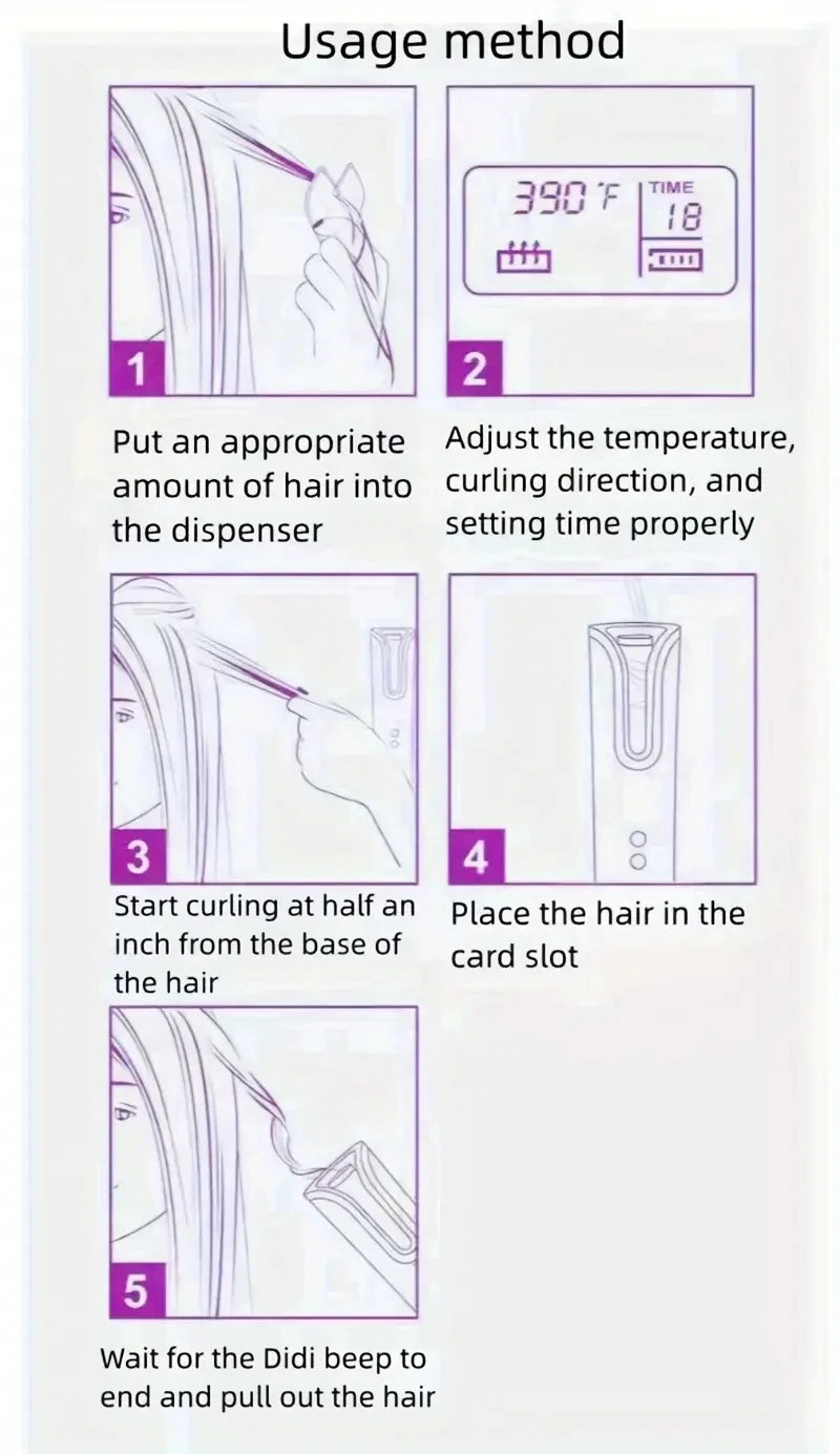 Portable Wireless Hair Curler for Waves & Curls LED Display 6 Heat Settings & Timers Travel & Home Use Cordless Automatic Curler