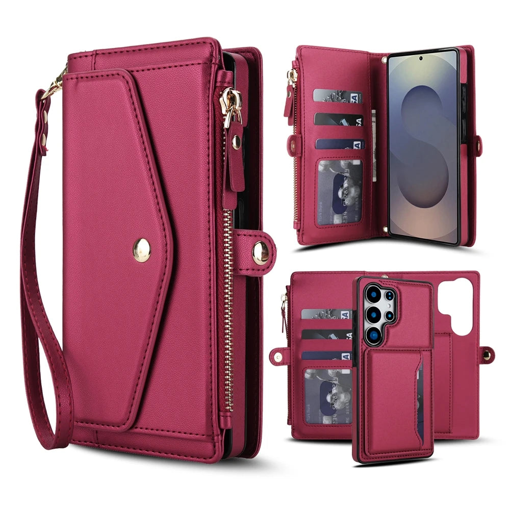 2 in 1 Lanyard Zipper Leather Wallet Case for Samsung Galaxy S25 Ultra Edge S24 Plus S23 + FE S22 S21 S20 Purse Phone Cover