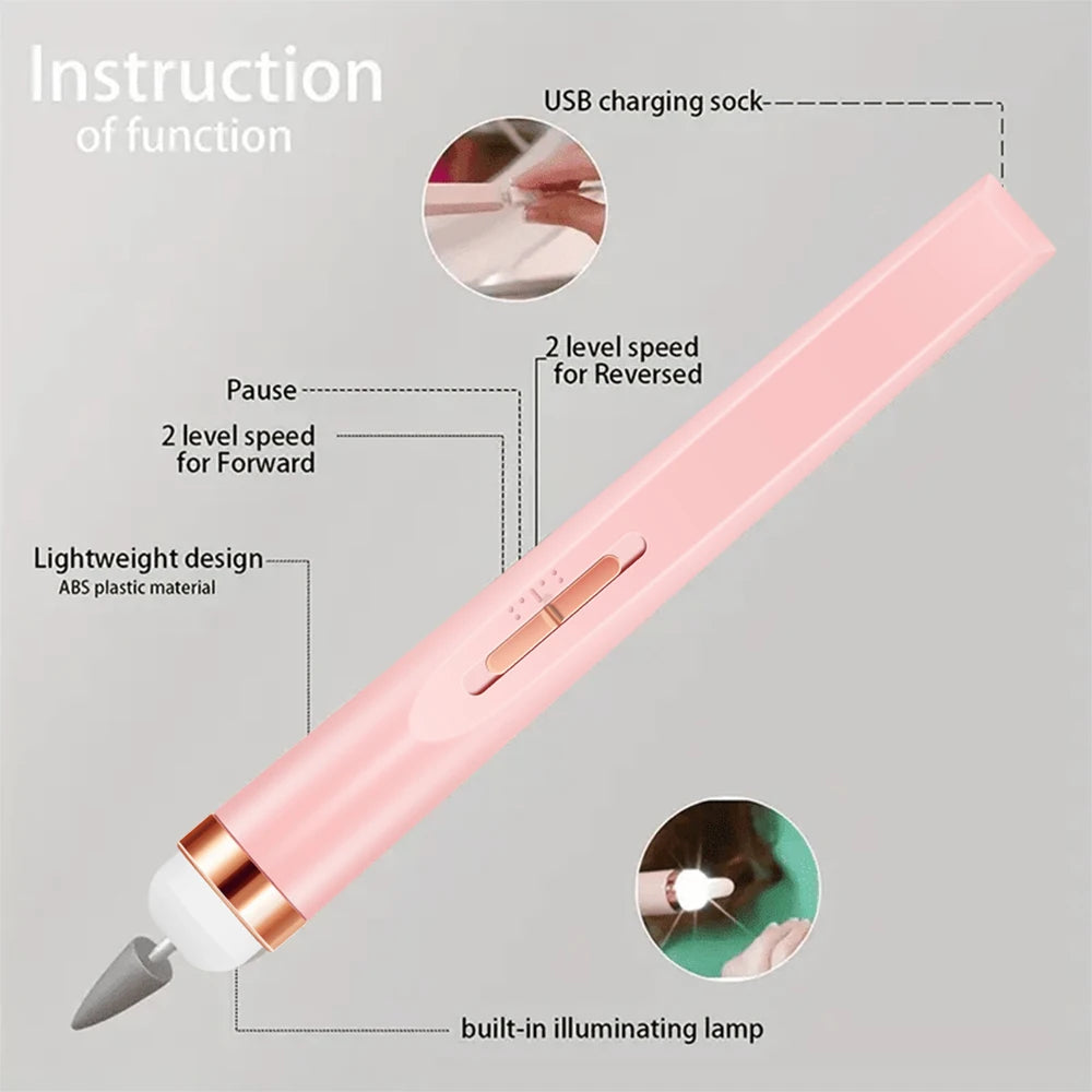 YIKOOLIN Portable Nail File Care Set LED Light Adjustable 4 Speed with 12 Attachment Drill Bits USB Charge Home Use