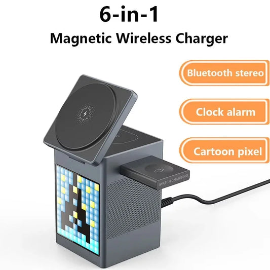6-in-1 multifunctional wireless fast charging Bluetooth speaker alarm clock cartoon pixel for charging mobile phones/watches