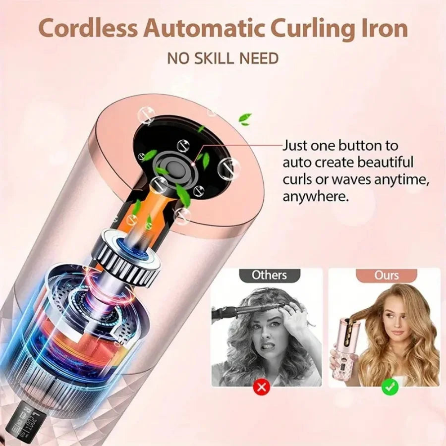 Portable Wireless Hair Curler for Waves & Curls LED Display 6 Heat Settings & Timers Travel & Home Use Cordless Automatic Curler