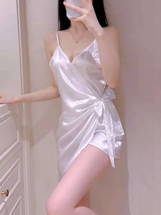 White Bow Mini Tank Dress Sweet Fashion Korean Women V Neck 2023 New Lingerie Uniform Ice Silk Robe Dress Elegant LOQ4