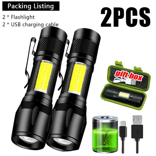 Mini LED Flashlight COB+XPE Portable Torch USB Charging Camping Lantern Zoomable Focus Light Tactical Flashlight with Pen Clip