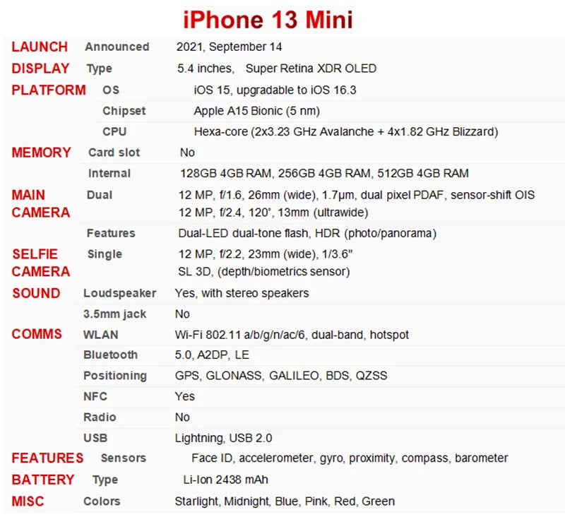 Apple iPhone 13 Mini 5.4" Unlocked Genuine 13Mini RAM 4GB ROM 128/256/512GB A15 Bionic IOS Face ID NFC 98% New 5G Cell Phone