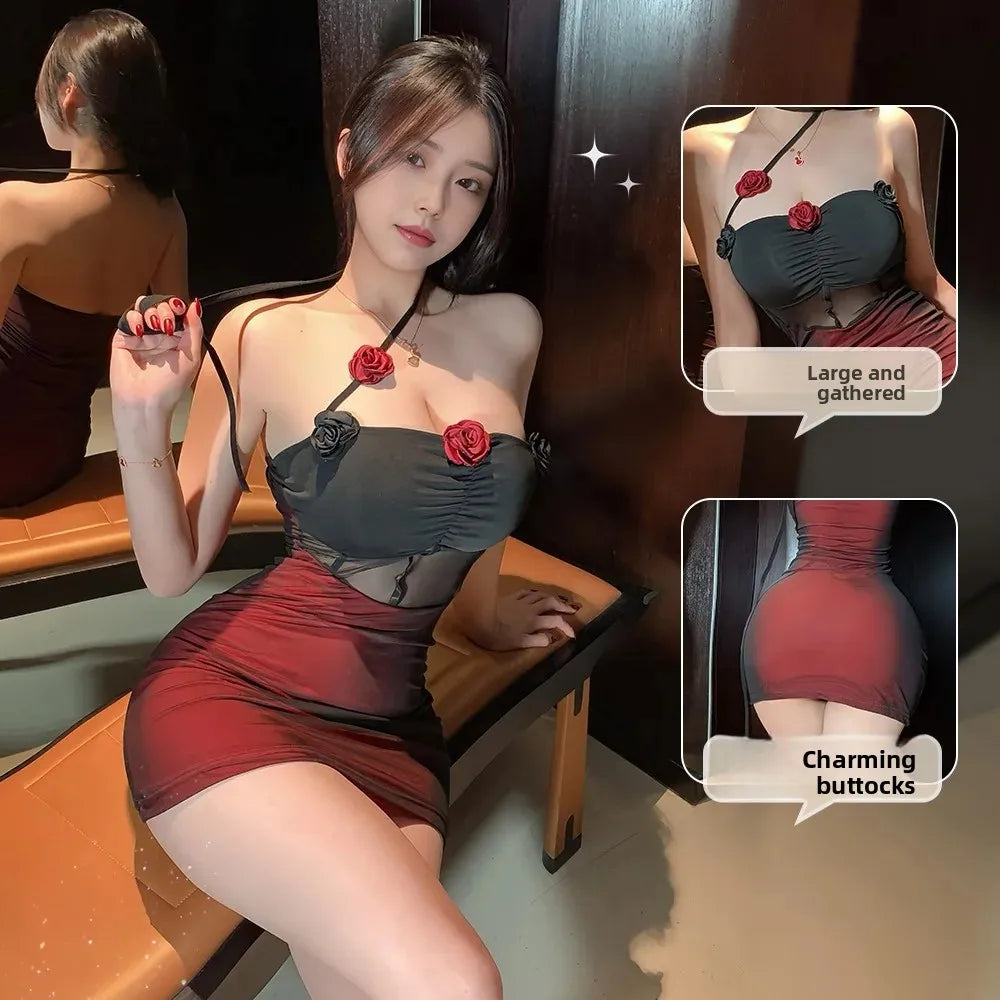 Sexy Lingerie Dark Style Spicy Girl See through Mesh 3D Flower Hanging Neck Sexy Backless Slimming Bodycon Skirt Nightgown