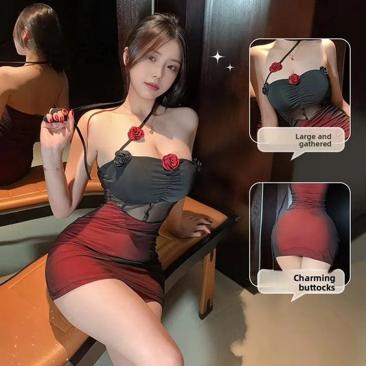 Sexy Lingerie Dark Style Spicy Girl See through Mesh 3D Flower Hanging Neck Sexy Backless Slimming Bodycon Skirt Nightgown