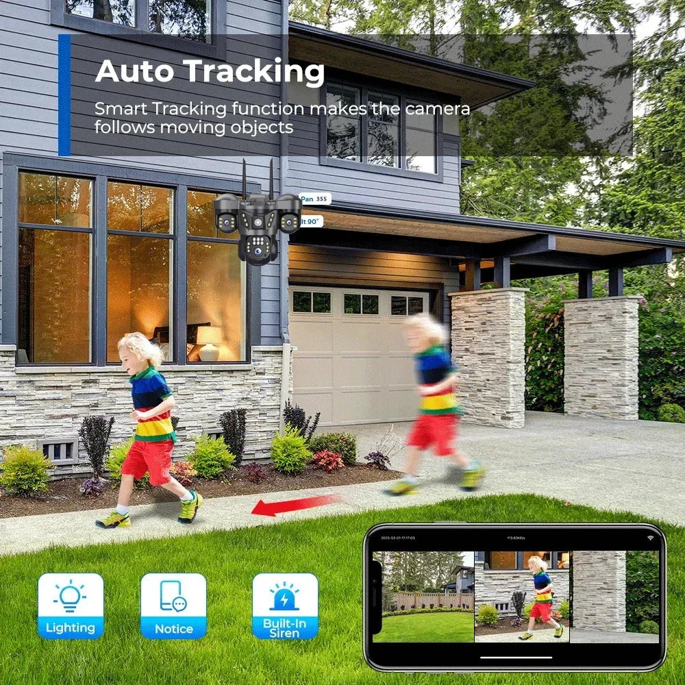 8K 15MP Three Screen WIFI Camera Three Lens Cameras Outdoor Waterproof Human Detection Color Night Vision 10X Zoom Security Cam