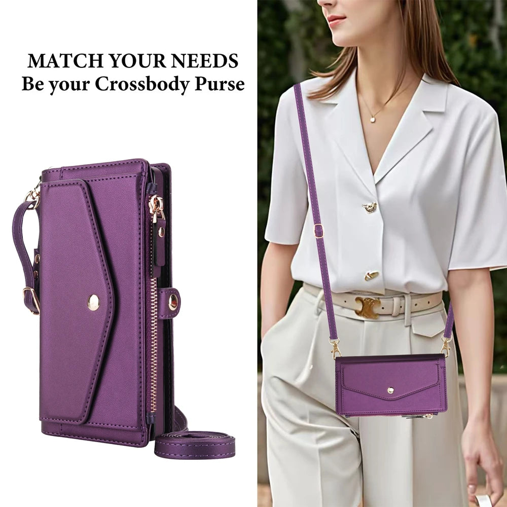 2 in 1 Lanyard Zipper Leather Wallet Case for Samsung Galaxy S25 Ultra Edge S24 Plus S23 + FE S22 S21 S20 Purse Phone Cover