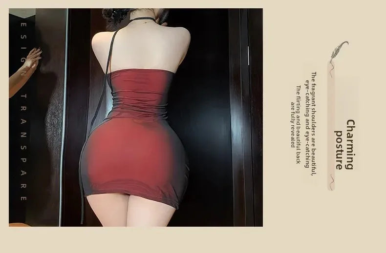 Sexy Lingerie Dark Style Spicy Girl See through Mesh 3D Flower Hanging Neck Sexy Backless Slimming Bodycon Skirt Nightgown