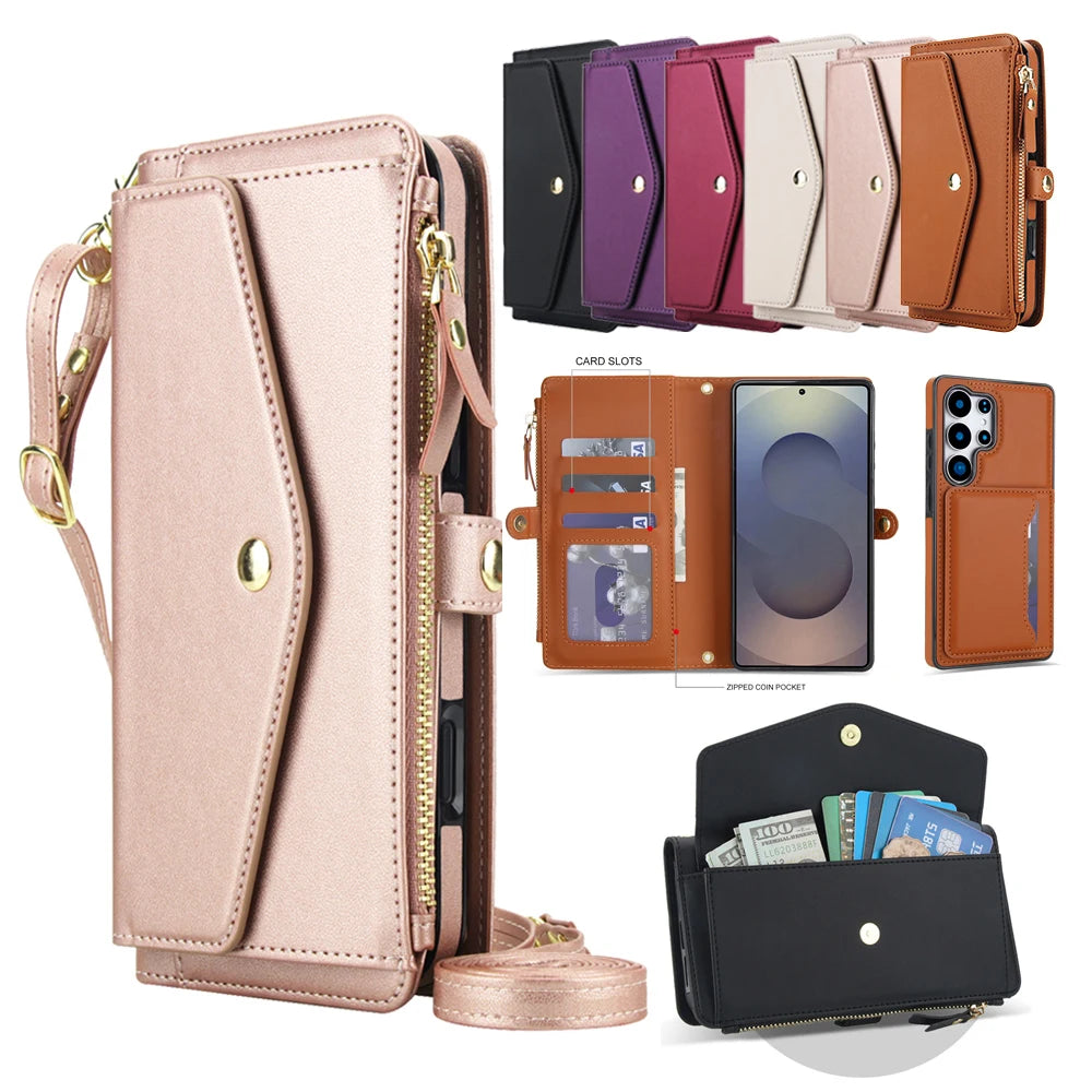 2 in 1 Lanyard Zipper Leather Wallet Case for Samsung Galaxy S25 Ultra Edge S24 Plus S23 + FE S22 S21 S20 Purse Phone Cover