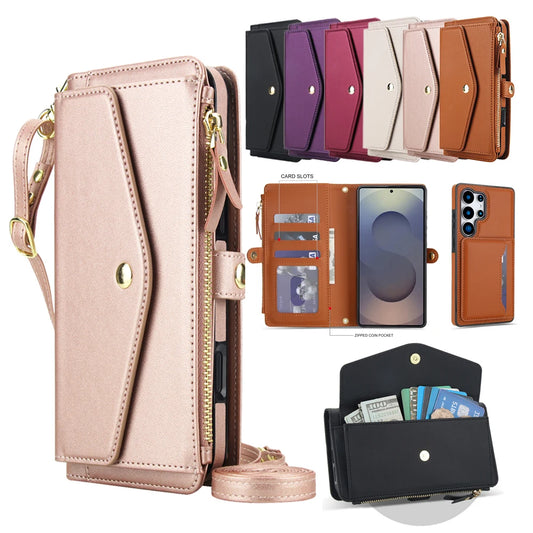 2 in 1 Lanyard Zipper Leather Wallet Case for Samsung Galaxy S25 Ultra Edge S24 Plus S23 + FE S22 S21 S20 Purse Phone Cover