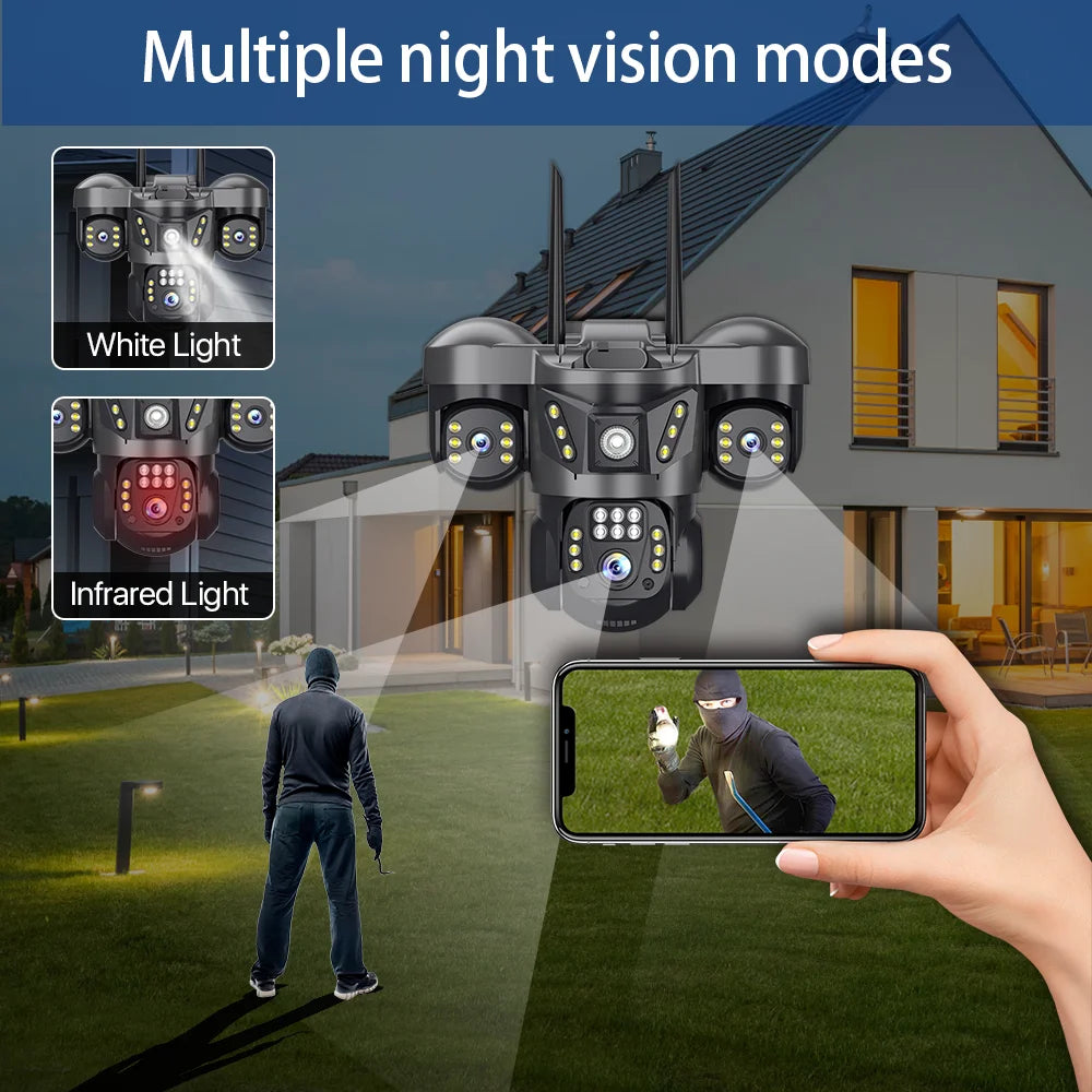 8K 15MP Three Screen WIFI Camera Three Lens Cameras Outdoor Waterproof Human Detection Color Night Vision 10X Zoom Security Cam