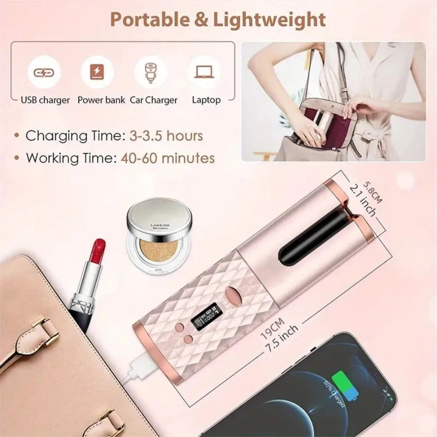 Portable Wireless Hair Curler for Waves & Curls LED Display 6 Heat Settings & Timers Travel & Home Use Cordless Automatic Curler