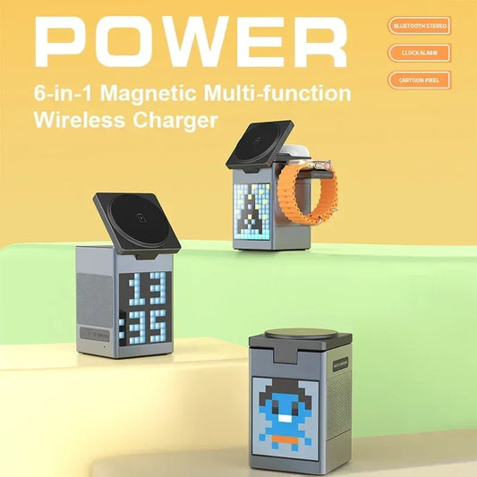 6-in-1 multifunctional wireless fast charging Bluetooth speaker alarm clock cartoon pixel for charging mobile phones/watches
