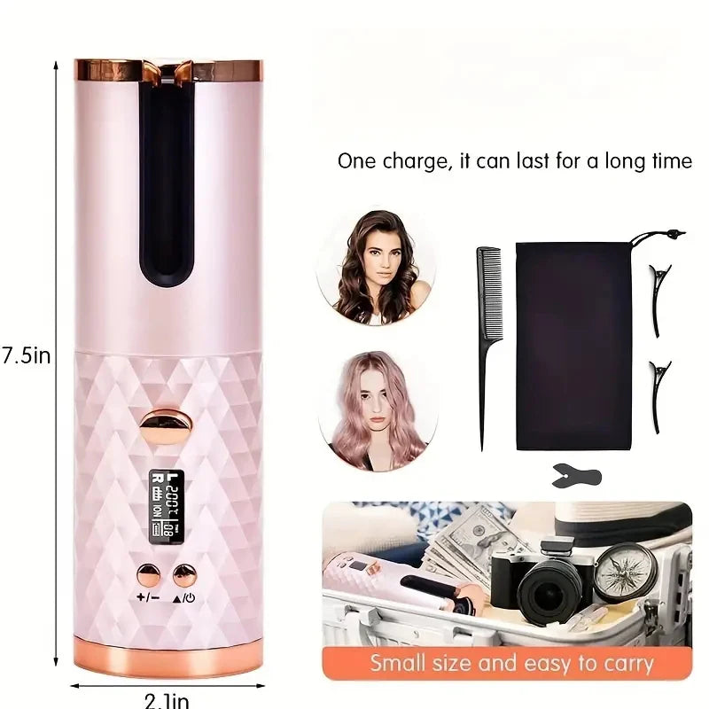 Portable Wireless Hair Curler for Waves & Curls LED Display 6 Heat Settings & Timers Travel & Home Use Cordless Automatic Curler