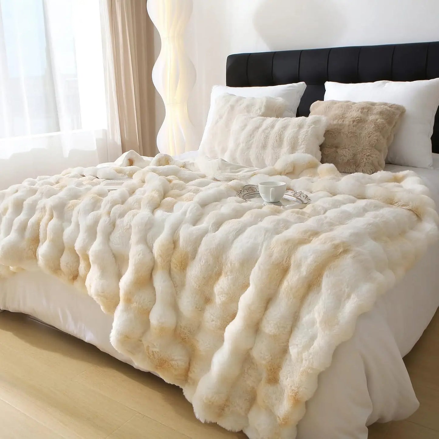 Thickened Warm Bubble Quilted Double Layer Soft Luxury Faux Rabbit Fur Blanket Living Room Bedroom Sofa Cover Blanket
