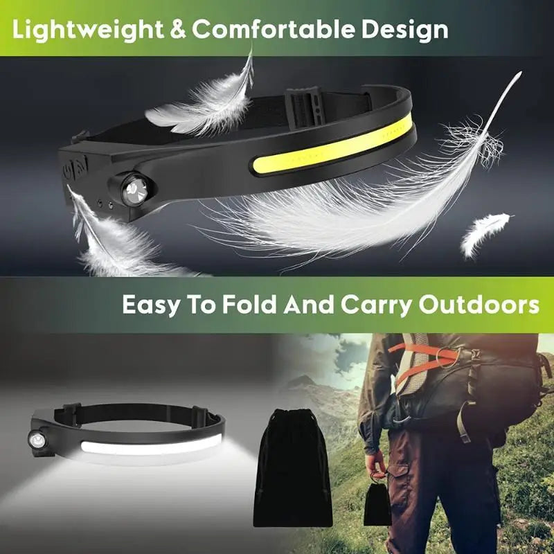 1/2/3-wire LED Headlights with 5 Lighting Modes, Super Bright Sensing COB Headlights, Flashlight, USB Charging